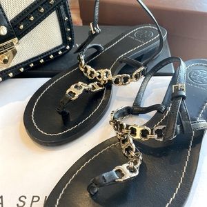 Tory Burch Black / Gold Sandals, 3/4 heel. Size 6. Gently used twice. Leather.
